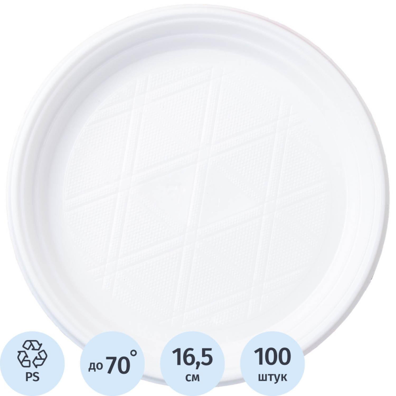 Тарелка одноразовая пластиковая белая 165 мм 100 штук в упаковке