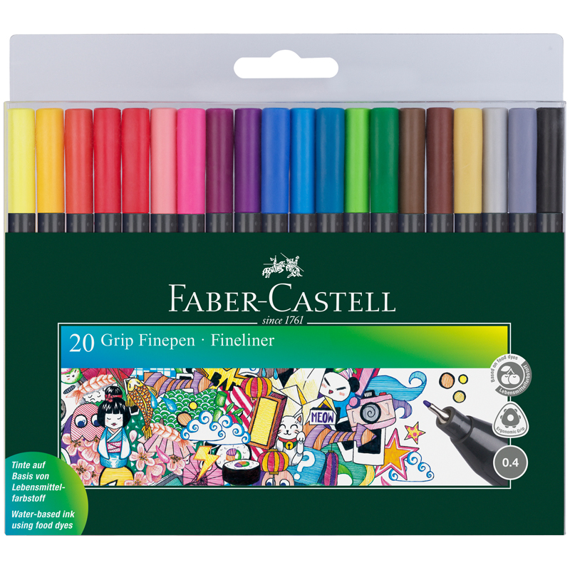 Набор капиллярных ручек Faber-Castell "Grip Finepen" 20цв., 0,4мм, трехгран., пласт. уп., европодвес