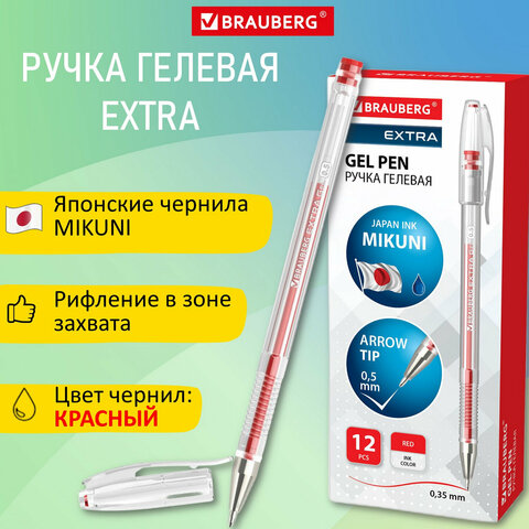 Ручка гелевая BRAUBERG "EXTRA", КРАСНАЯ, корпус прозрачный, узел 0,5 мм, линия 0,35 мм, 143903