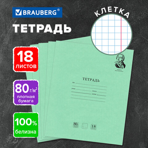 Тетрадь BRAUBERG ВЕЛИКИЕ ИМЕНА, 18 л., клетка, плотная бумага 80 г/м2, обложка тонированный офсет, 106978