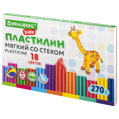 Пластилин мягкий восковой BRAUBERG KIDS, 18 цветов, 270 г, со стеком