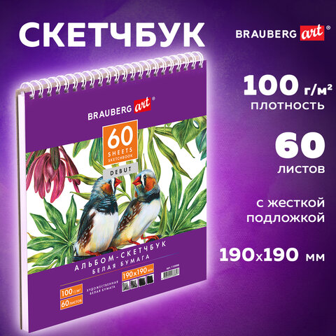 Скетчбук, белая бумага 100 г/м2, 190х190 мм, 60 л., гребень, жёсткая подложка, BRAUBERG ART DEBUT, 1