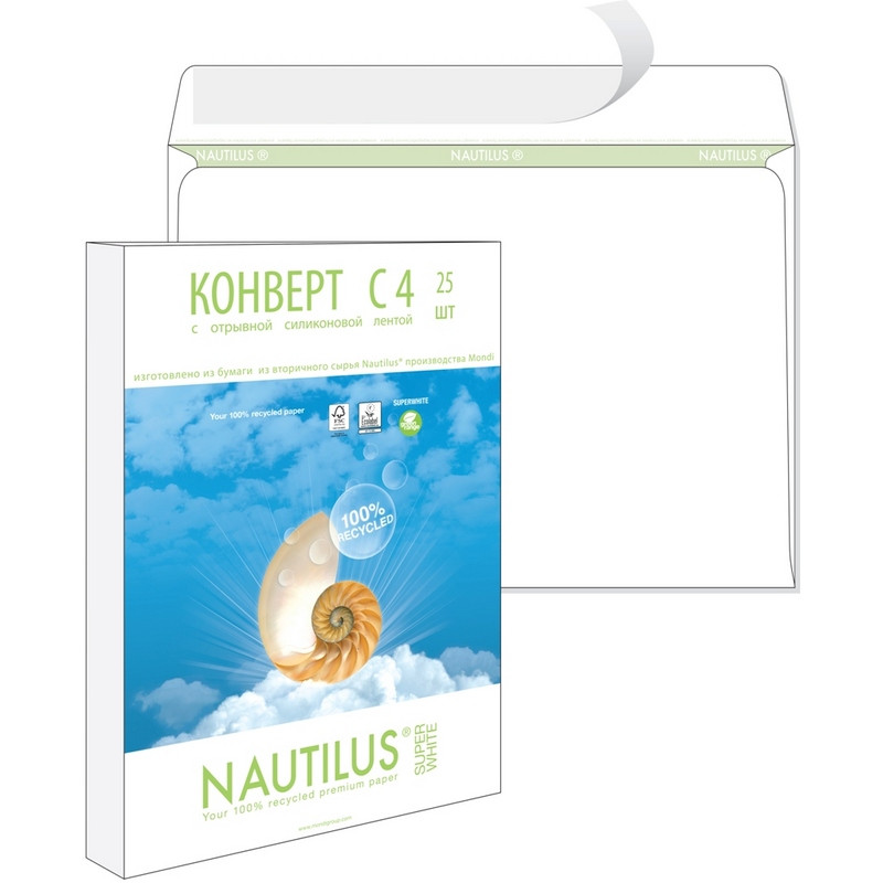 Конверт Nautilus,ЭКО, С4(229х324мм), стрип,90г, 25шт/уп