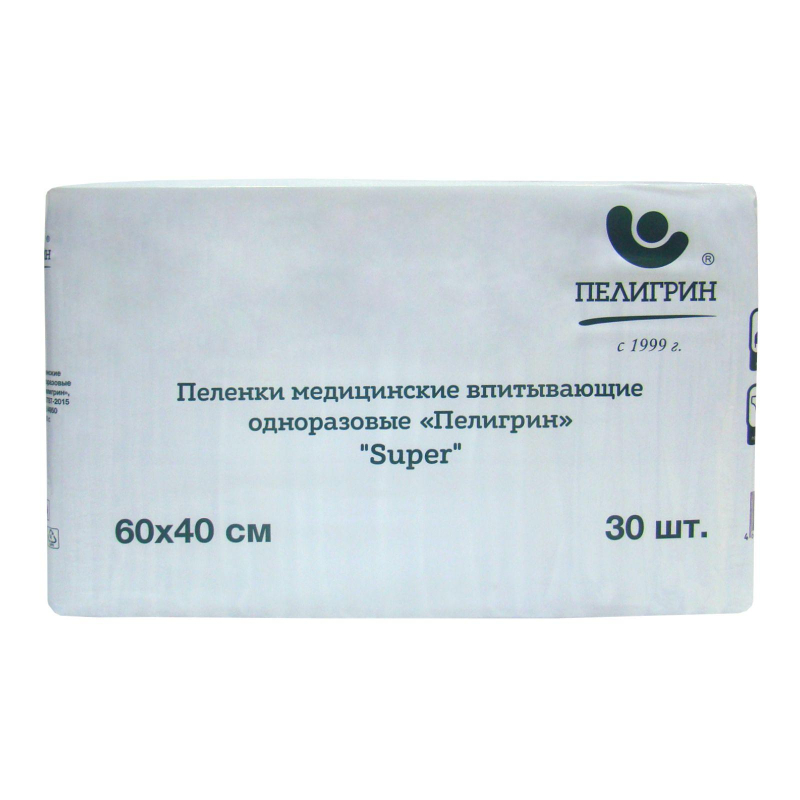 Пеленки впитывающие Пелигрин 60х40см, Super, 30шт/уп (М60х40/30S)