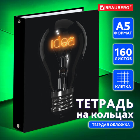 Тетрадь на кольцах А5 (175х215 мм), 160 листов, твердый картон, клетка, BRAUBERG, Idea, 404091