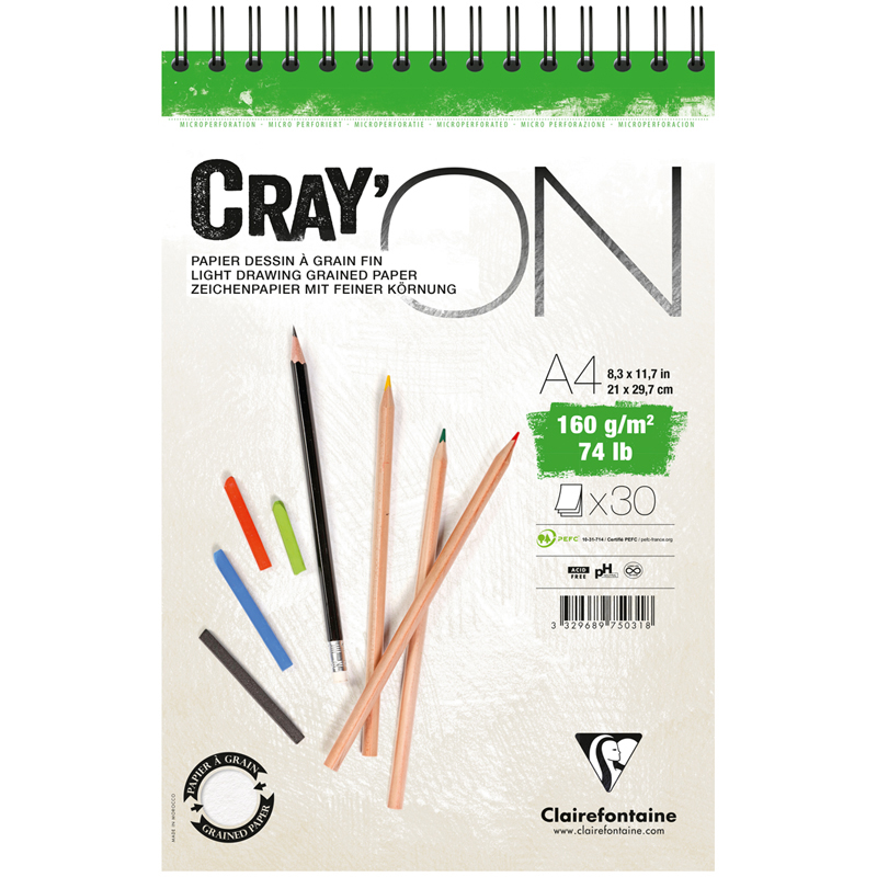 Скетчбук - блокнот 30л., А4 Clairefontaine "Cray ON", на гребне, 160г/м2, мелкозерн.