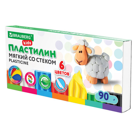 Пластилин мягкий восковой BRAUBERG KIDS, 6 цветов, 90 г, со стеком