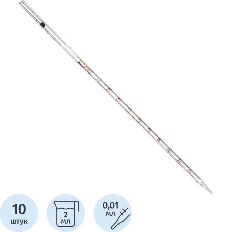 Пипетка измерительная 2-1-2- 2 мл п.слив,ГОСТ 29228-91 10шт/упак