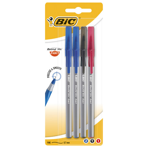 Ручки шариковые с грипом BIC "Round Stic Exact", НАБОР 4 шт./3 ЦВЕТА (синий, черный, красный)