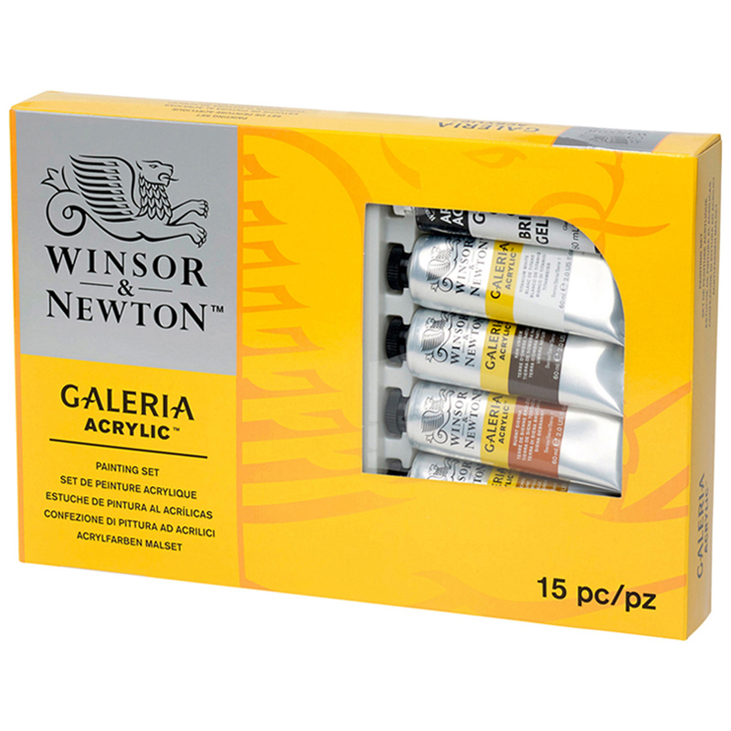 Краски акриловые Winsor&Newton "Galeria", 09цв., 60мл/туба, доска, палитра, медиум для блеска, 2 кис