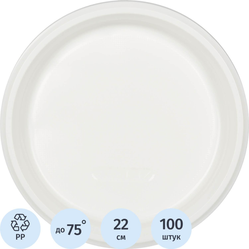 Тарелка одноразовая пластиковая Стандарт 220 мм белая (100 штук в упаковке)