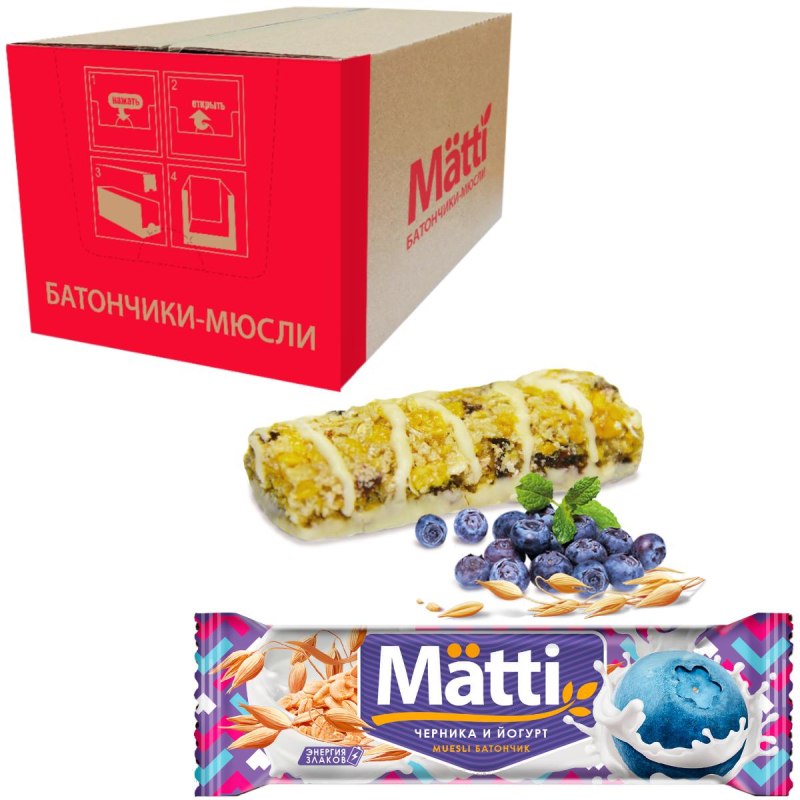 Батончик мюсли Matti Черника и йогурт, 24гх24шт/уп