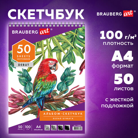 Скетчбук, белая бумага 100 г/м2, 205х290 мм, 50 л., гребень, жёсткая подложка, BRAUBERG ART DEBUT, 1