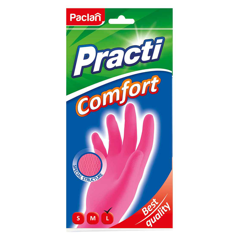 Перчатки резиновые Paclan "Practi.Comfort", р.L, розовые, пакет с европодвесом