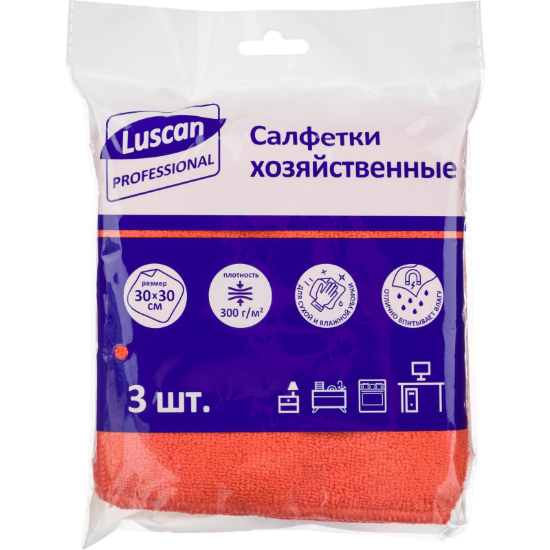 Салфетки хозяйственные Luscan Professional микрофибра 30х30 см 300 г/кв.м красные (3 штуки в упаковке)