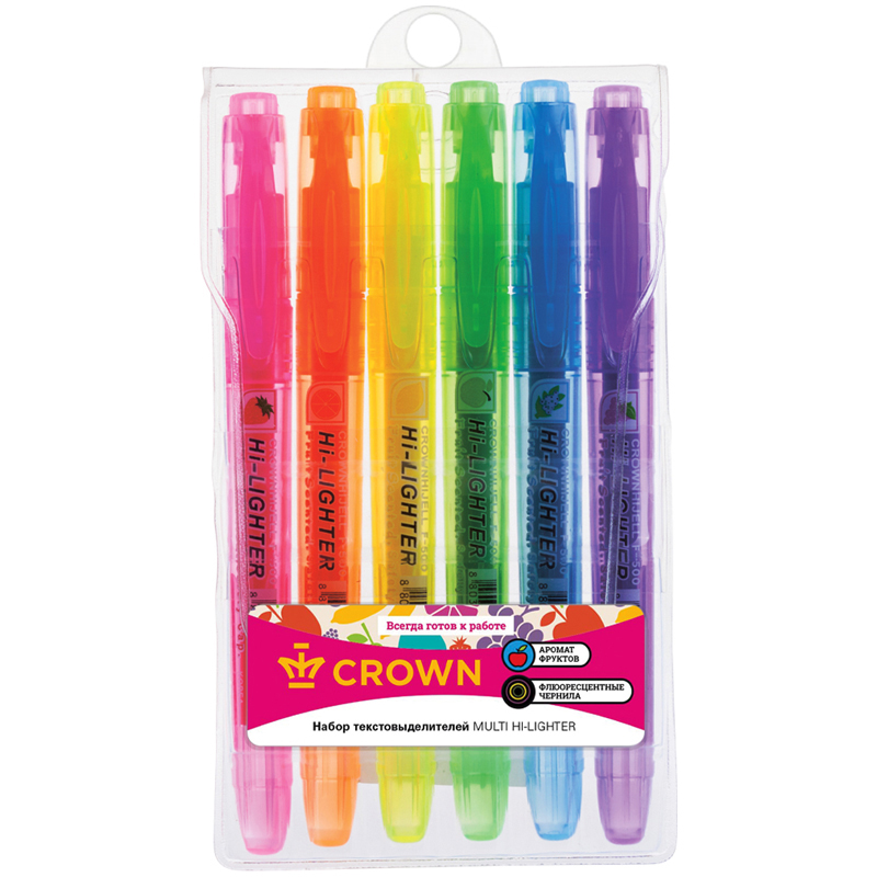 Набор текстовыделителей Crown "Multi Hi-Lighter Aroma" 6цв., 1-4мм, ароматиз., чехол с европодвесом