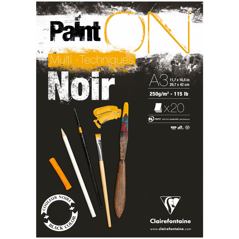 Скетчбук - альбом для смешанных техник 20л., А3, на склейке Clairefontaine "Paint'ON Noir", 250г/м2,