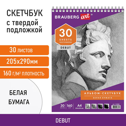 Скетчбук, белая бумага 160 г/м2, 205х290 мм, 30 л., гребень, жёсткая подложка, BRAUBERG ART DEBUT, 1