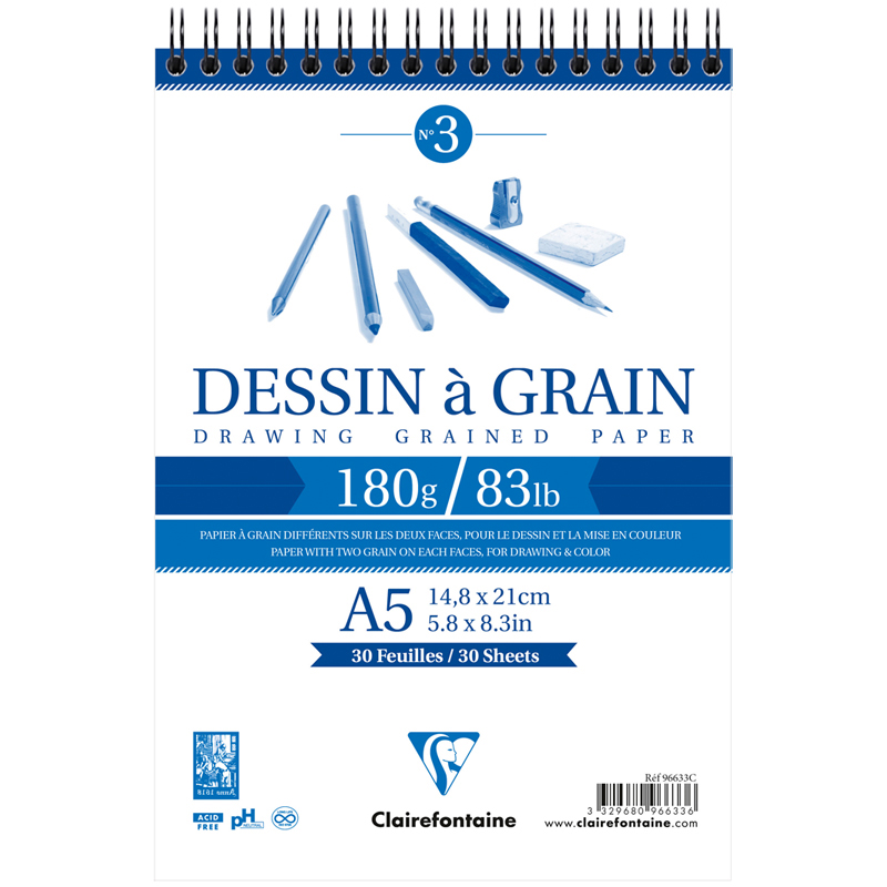 Скетчбук 30л., А5 Clairefontaine "Dessin a grain", на гребне, 180г/м2, мелкозернистая