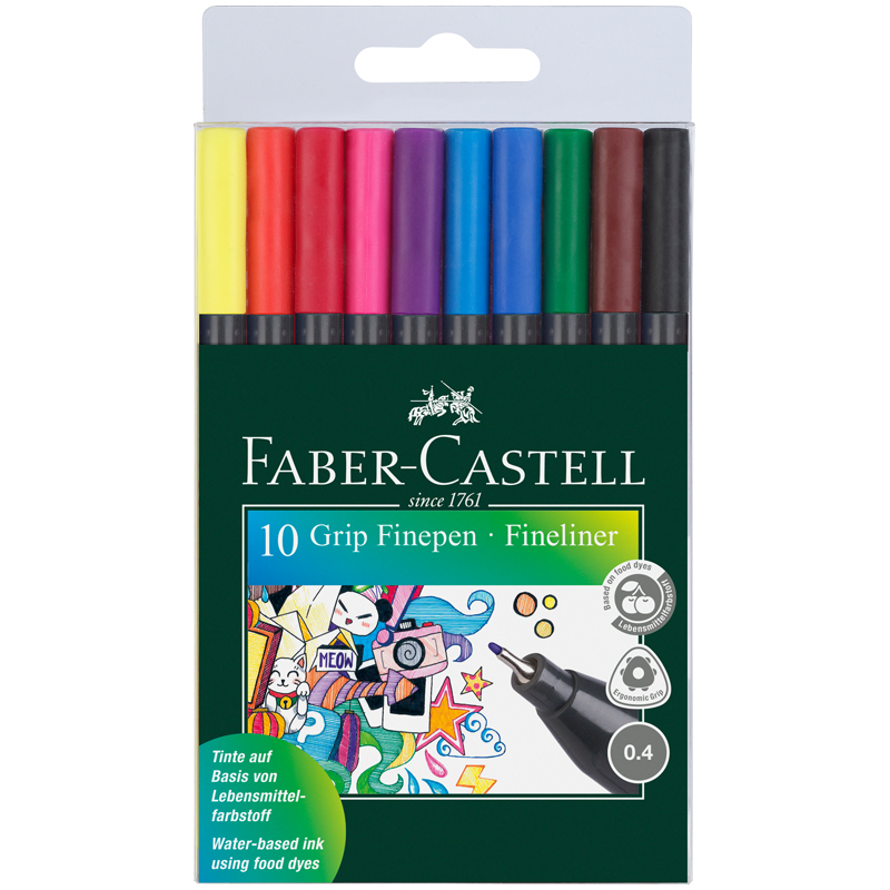 Набор капиллярных ручек Faber-Castell "Grip Finepen" 10цв., 0,4мм, трехгранные, пластик. уп., европо