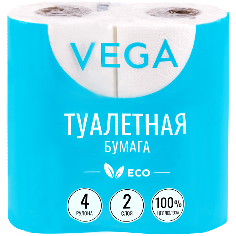 Бумага туалетная Vega  2-слойная, 4шт., эко, 15м, тиснение, белая, 100% целлюлоза