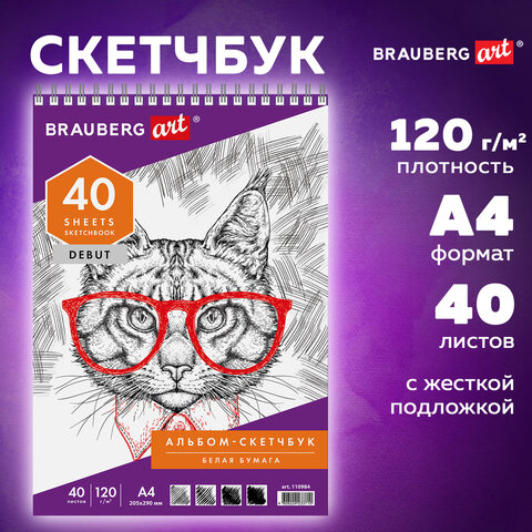 Скетчбук, белая бумага 120 г/м2, 205х290 мм, 40 л., гребень, жёсткая подложка, BRAUBERG ART DEBUT, 1