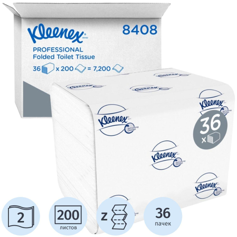 Бумага туалетная листовая KIMBERLY-CLARK Kleenex 2-слойная 36 пачек по 200 листов (артикул производителя 8408)