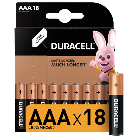 Батарейки КОМПЛЕКТ 18 шт., DURACELL Basic, AAA (LR03, 24А), алкалиновые, мизинчиковые, блистер, 8148