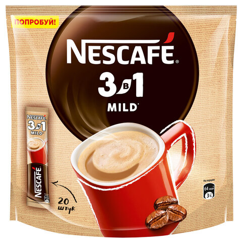 Кофе растворимый NESCAFE "3 в 1 Мягкий", КОМПЛЕКТ 20 пакетиков по 14,5 г (упаковка 290 г), 12460876