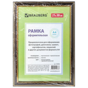 Рамка 21х30 см, пластик, багет 20 мм, BRAUBERG "HIT3", красное дерево с двойной позолотой, стекло, 3