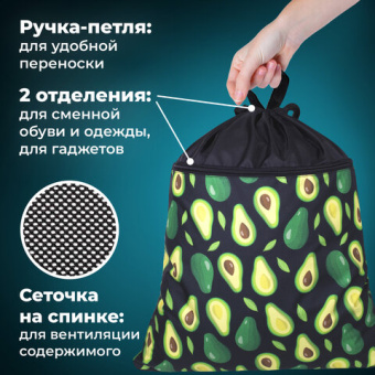 Мешок для обуви BRAUBERG БОЛЬШОЙ, с ручкой, карман на молнии, сетка, 49х41 см, "Avocado", 271058