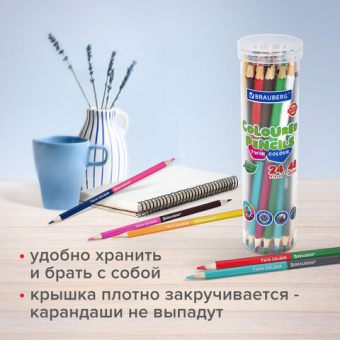 Карандаши цветные двусторонние BRAUBERG PREMIUM TWIN COLOUR, 24 шт., 48 цв., туба, шестигранные, грифель 3,3 мм, натуральное дерев