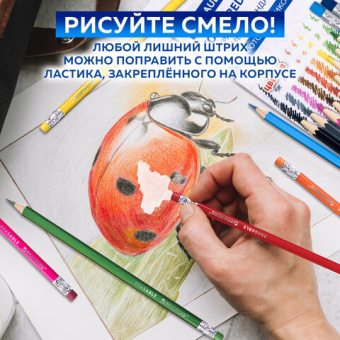 Карандаши цветные стираемые с ластиком BRAUBERG ERASABLE, 12 цветов, шестигранные, грифель 3 мм, натуральное дерево, 181932