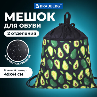 Мешок для обуви BRAUBERG БОЛЬШОЙ, с ручкой, карман на молнии, сетка, 49х41 см, "Avocado", 271058