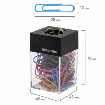 Скрепочница магнитная BRAUBERG со 100 цветными скрепками 28 мм, прозрачный корпус, 228401