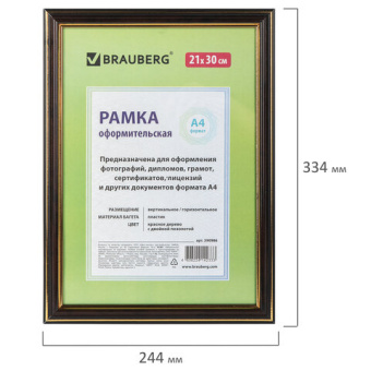 Рамка 21х30 см, пластик, багет 20 мм, BRAUBERG "HIT3", красное дерево с двойной позолотой, стекло, 3