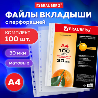 Папки-файлы перфорированные, А4, BRAUBERG, комплект 100 шт., матовые, 30 мкм, 221991