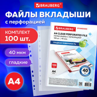 Папки-файлы перфорированные А4 BRAUBERG "STANDARD", КОМПЛЕКТ 100 шт., гладкие, 40 мкм, 229661