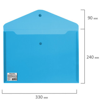 Папка-конверт с кнопкой BRAUBERG, А4, до 100 листов, прозрачная, синяя, СВЕРХПРОЧНАЯ 0,18 мм, 224813