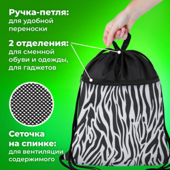 Мешок для обуви BRAUBERG БОЛЬШОЙ, с ручкой, карман на молнии, сетка, 49х41 см, "Zebra", 271611